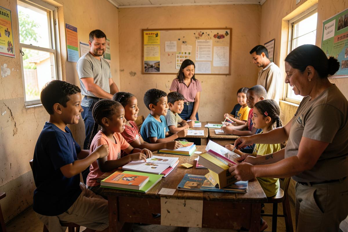 Crianças recebendo material escolar