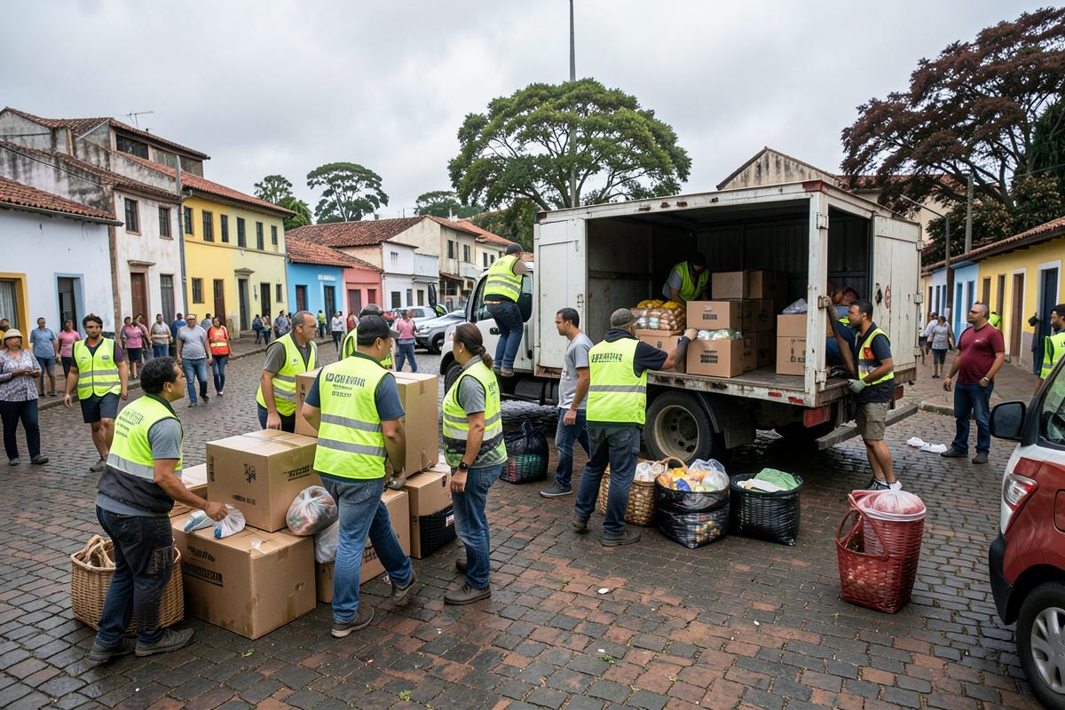 Voluntários descarregando doações